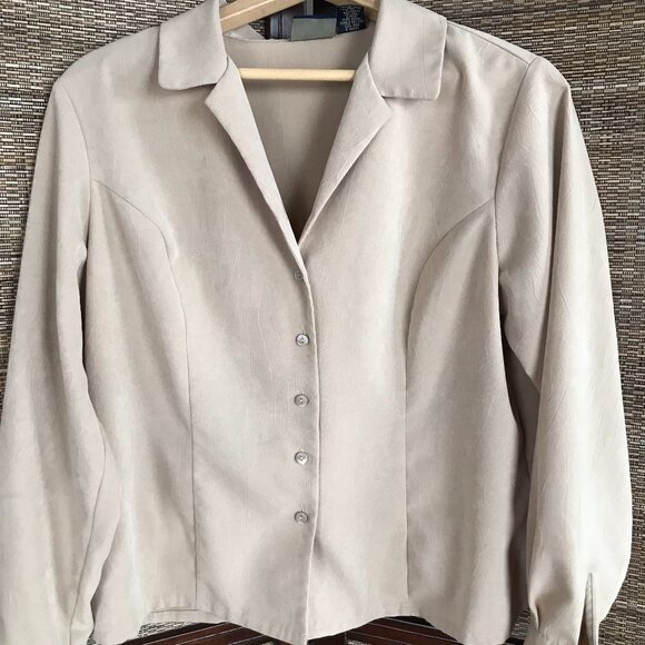 Laura Scott Petite Vintage Button-Down Blouse: Textured Taupe Shirt, Women's 14P - Picture 8 of 14